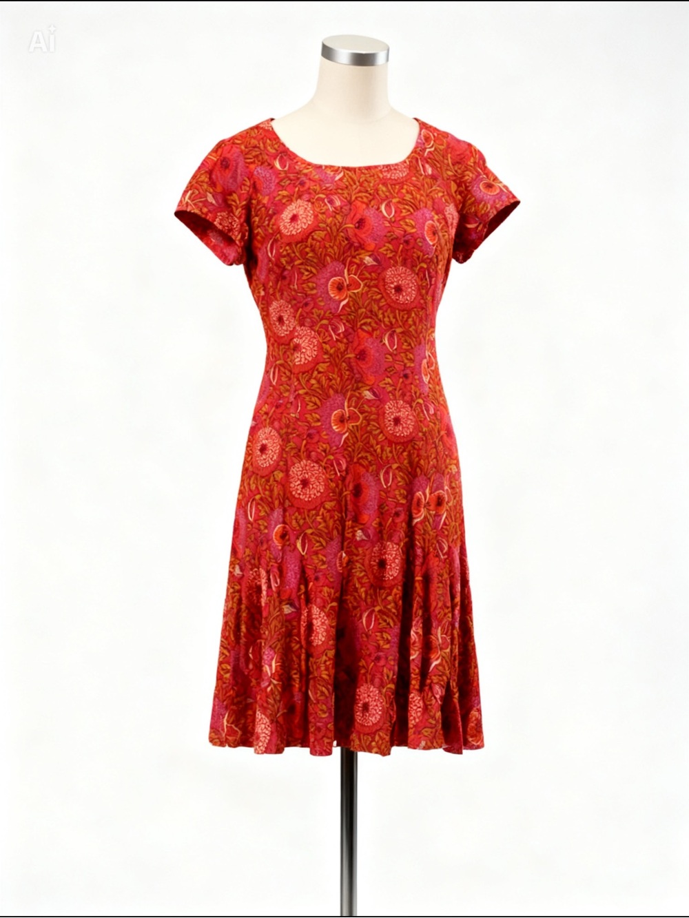 Apsara Red Floral Scoop-Neck Short Sleeve Fit-and-Flare Dress Size Medium